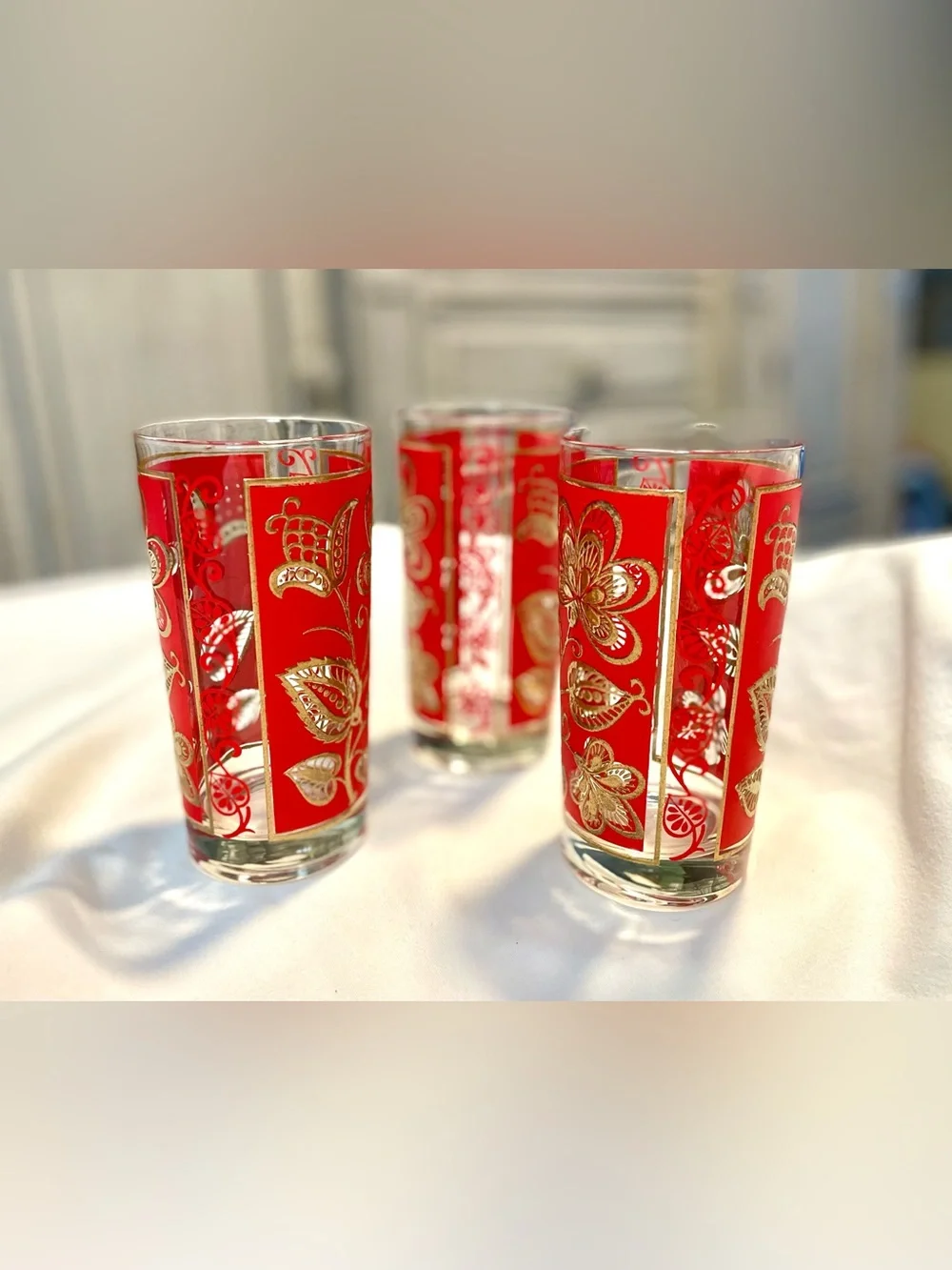 *VINTAGE* 3 MCM Libbey Gold/Red Tapestry Highball Glasses - Leaf/Floral Tumblers